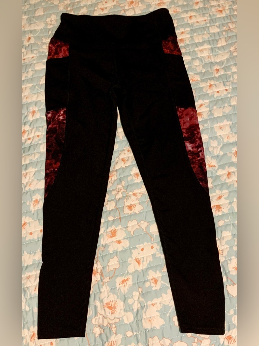 BSP Women’s Black Leggings with Burgundy Accent Panels With Cell Phone Pockets.